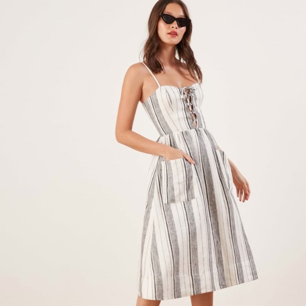 Reformation Dress Ellen Linen Black/Dark Blue White Stripe Midi Corset Top Sz 2